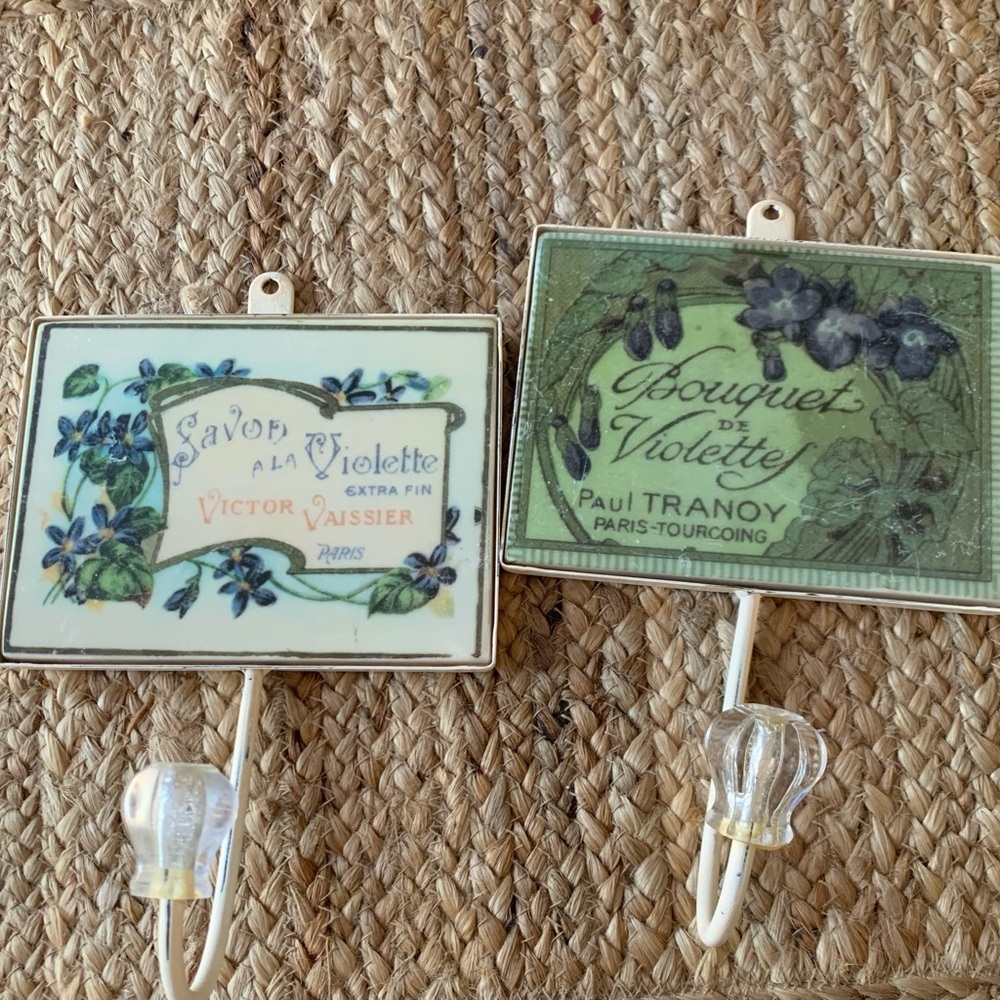 Wall Hooks Vintage Floral Acrylic and Metal SET OF TWO. Measures 7 1/4”x 6”